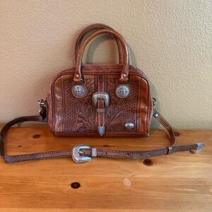 American West 51290 Tooled Leather Satchel Western Purse Concho Buckle